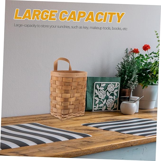 Natural Wood Woven Hanging Basket Organizer for Kitchen and Bathroom Storage Wall Mounted Storage Bin for Items Makeup Utensils Multi Purpose Decor and Planter Carbonized Finish