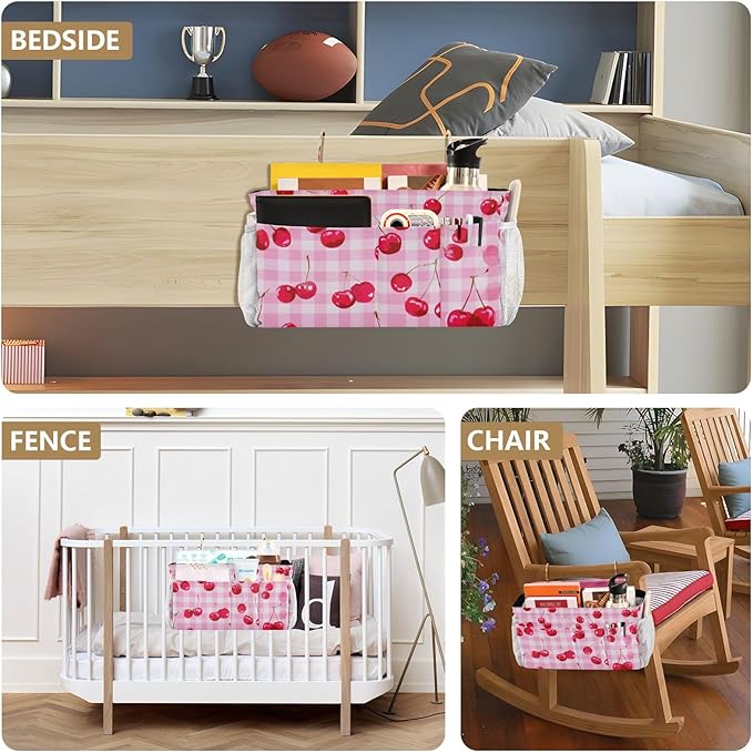 CuwrYet Bedside Caddy Hanging Bunk Bed Caddy Bed Organizer Hanging Pocket with 2 Hooks Bedside Storage Organizer Pocket Bag Holder Pink Juicy Checkered Cherry