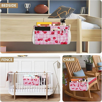 CuwrYet Bedside Caddy Hanging Bunk Bed Caddy Bed Organizer Hanging Pocket with 2 Hooks Bedside Storage Organizer Pocket Bag Holder Pink Juicy Checkered Cherry