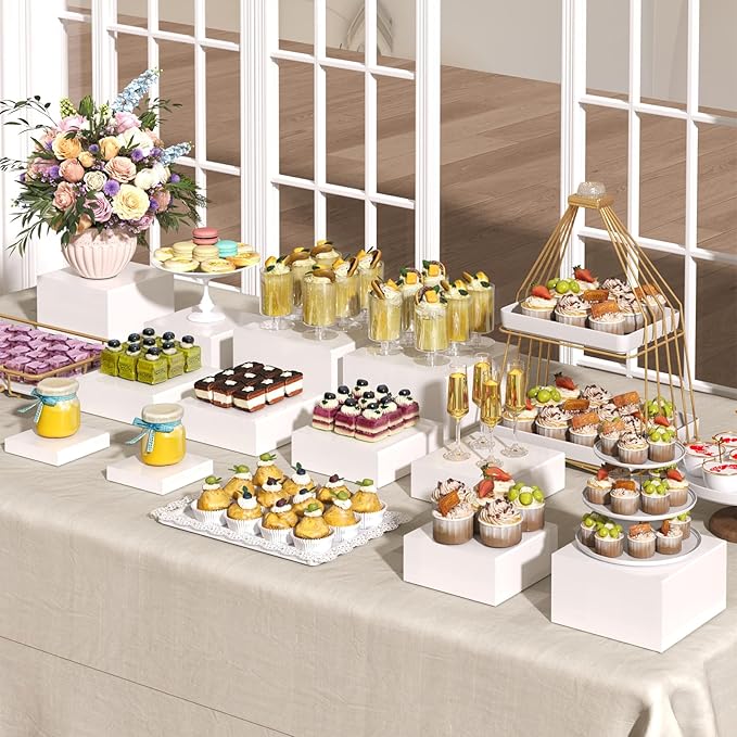 6PCS Buffet Risers, Food Risers for Buffet Table, Acrylic Boxes with Rounded Corners for Food, Display Stand for Party Catering Dessert Collectibles, Acrylic Cube Boxes, Food Stand Set, White (5"x6"x7"8"x9"x10")