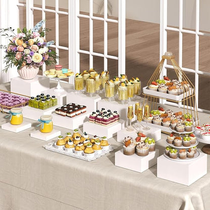 6PCS Buffet Risers, Food Risers for Buffet Table, Acrylic Boxes with Rounded Corners for Food, Display Stand for Party Catering Dessert Collectibles, Acrylic Cube Boxes, Food Stand Set, White (5"x6"x7"8"x9"x10")