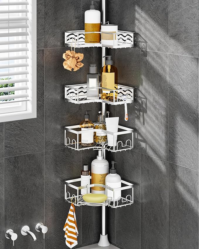 ALLZONE Corner Shower Caddy Tension Pole, Quick to Install, Easy to Adjust, Rust-Free Stainless Steel Shower Organizer Corner and Storage Shelves, Drill Free, Extends from 34 up to 116 Inch Tall