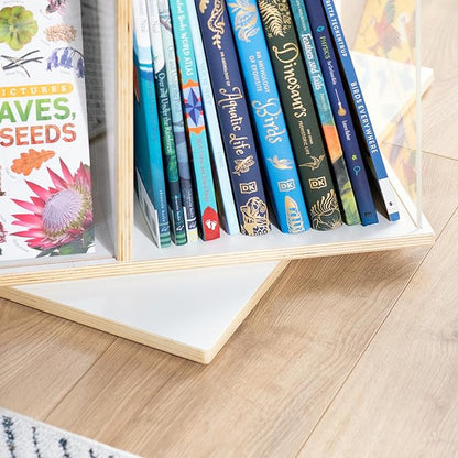 EdQ Rotating Big Book Display–White: 3-Tier Montessori Wooden Bookshelf for Kids' Room, 360° Spinning Bookcase with Acrylic Shelves for Home, Playroom, Classroom Storage & Homeschool Organization
