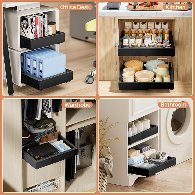 BUFOR 2 Pack Pull out Cabinet Organizer, Width (12"-19") Depth (17"-23"), with 3 Rails Adjustable Slide, Expandable Pullout Drawers for Cabinets, No Drill Adhesive Kitchen Drawers for Pantry Shelves