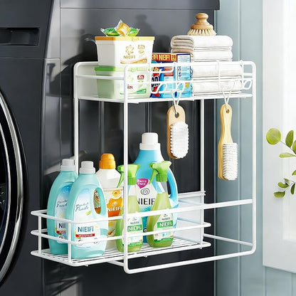 Nieifi 2 Tier Magnetic Shelves for Washing Machine, Magnetic Spice Rack for Refrigerator, Laundry Room & Kitchen Organizer Storage Baskets, White