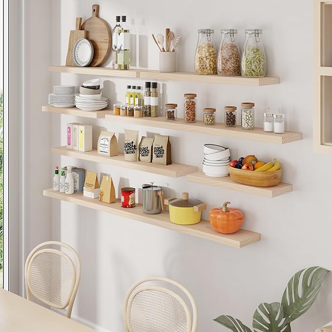 Fun Memories Floating Shelves 72 Inches Long - 8 Inch Deep Rustic Solid Wood for Storage - Farmhouse Wall Mounted for Living Room - Heavy-Duty Metal Bracket - 72" W x 8" D - Natural Unfinished for DIY