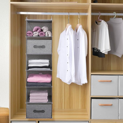 Large Hanging Sweater Organizer for Closet,Collapsible 6-Shelf Hanging Closet Shelves with Drawers, Washable (Grey-6 Shelf-2 d)