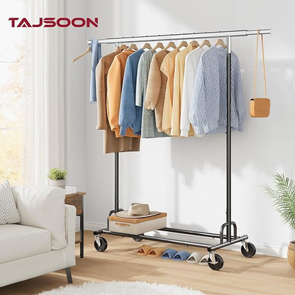 Tajsoon Clothes Rack Heavy Duty Clothing Rack Load 350 LBS, Rolling Clothing Rack for Hanging Clothes with Wheels & Extendable Rod, Collapsible Garment Rack with Bottom Shelf, Commercial, Black
