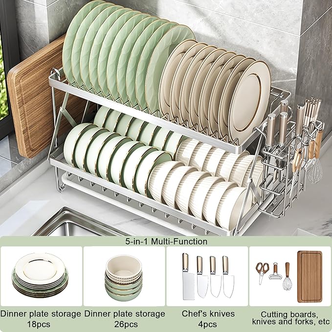 Fenqynsol Dish Drying Rack, 304 Stainless Steel Foldable 2 Tier with Hanging Rack for Kitchen Counter, Dish Rack for Dishes, Utensils, Knives and Cutting Board