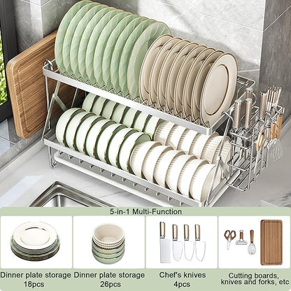 Fenqynsol Dish Drying Rack, 304 Stainless Steel Foldable 2 Tier with Hanging Rack for Kitchen Counter, Dish Rack for Dishes, Utensils, Knives and Cutting Board