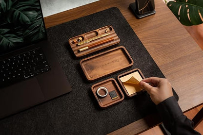 MUUJEE Engraved Wooden Desk Organization 4 Piece Set - for Desk Accessories Work Professional Office Teacher Dad Wood Tray Rustic Minimalist Organizer Pens Pencils Sticky Notes