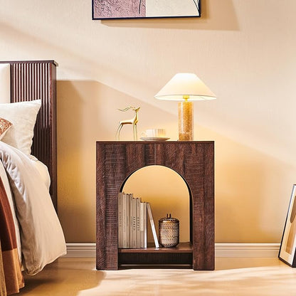 Arched End Table with Type-C Charging Station, 22" Modern Bedroom NightStand with Arched Open Shelf, Night Table with Outlet, USB, Type-C Port for Bedroom, Natural