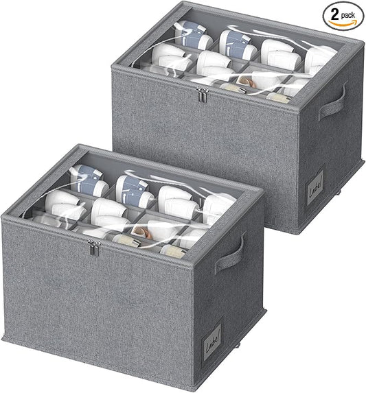 2 Pack Shoe Organizer for Closet - Shoe Storage Bins with Clear Cover, Fabric Shoe Storage Containers with Reinforced Handles, Fits up to 24 Pairs (Grey, 16.5 * 12.6 * 12.2in)