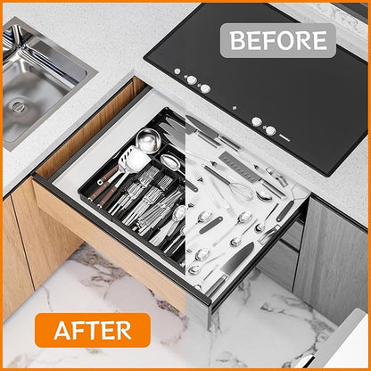Silverware Organizer for Kitchen Drawers,BPA Free Cutlery Drawer Organizer,6 Slots Plastic Utensils Organizer Suitable as In-Drawer Silverware Holder and Tray,Flatware,Knife,Fork,Spoon Organizer,Black