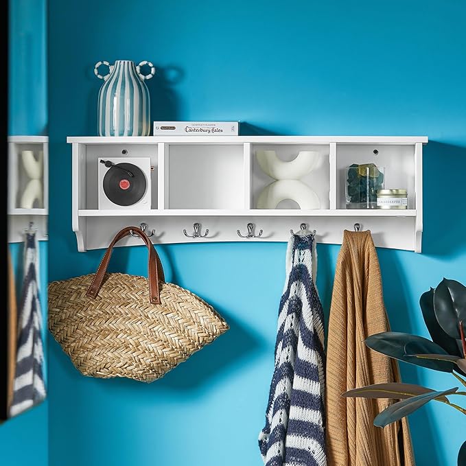 Haotian White Wall Shelf with Coat Hooks, Wall Coat Rack Entryway, Display Storage Unit with 4 Components 5 Bathroom Kitchen Cupboard, FRG48-L-W