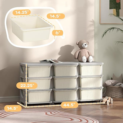 Qaba 3 Tier Kids Storage Unit, Toy Organizers and Storage with 9 Drawer Chest for Kids Bedroom Nursery Kindergarten Living Room for Boys Girls Toddlers, Cream White