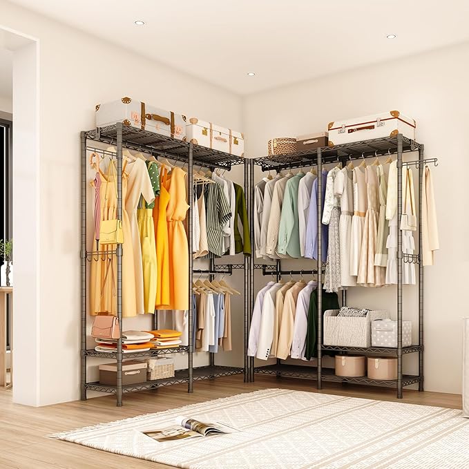Heavy Duty Garment Rack, 3 Tiers Metal Adjustable Wire Shelves Closet Organizer and Storage Wardrobe Clothing Rack for Hanging Clothes with 2 Hanger Rods, Max Load 800LBS, Black