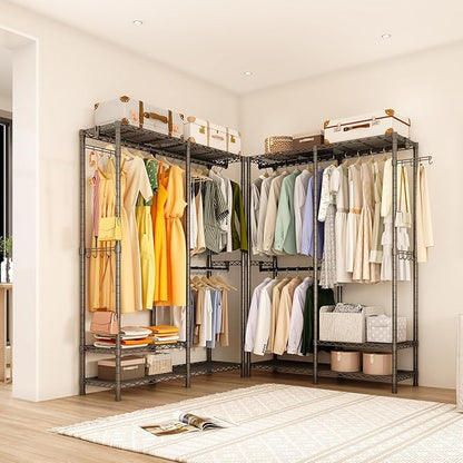 Heavy Duty Garment Rack, 3 Tiers Metal Adjustable Wire Shelves Closet Organizer and Storage Wardrobe Clothing Rack for Hanging Clothes with 2 Hanger Rods, Max Load 800LBS, Black