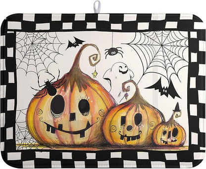 Wnoesat Happy Halloween Fall Pumpkin Dish Drying Mat for Kitchen Counter 18x24 In Spooky Ghost Bats Spider Web Buffalo Plaid Drying Mats Microfiber Dish Drainer Mat Large Absorbent Fast Dry Pad