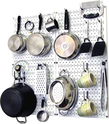 Wall Control Kitchen Pegboard Organizer Pots and Pans Storage Rack Organization Kit with White Pegboard and Black Accessories
