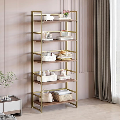 BHG Vintage Multifunctional Folding Bookshelf,5 Tier No-Assembly Plant Stand Storage Rack Shelves for Home Office (Brown&Gold, 5-Tier)
