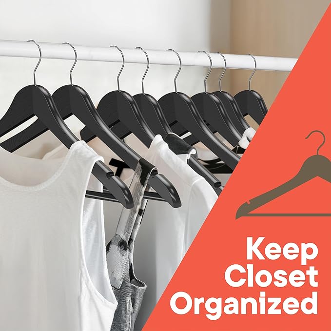 Black Wooden Hangers 30 Pack – Heavy-Duty with 360° Swivel Hook, Non-Slip, Pants Bar & Shoulder Grooves - Wooden Hangers for Suits, Jackets, Dresses & Camisoles, Space-Saving and Smooth Finish