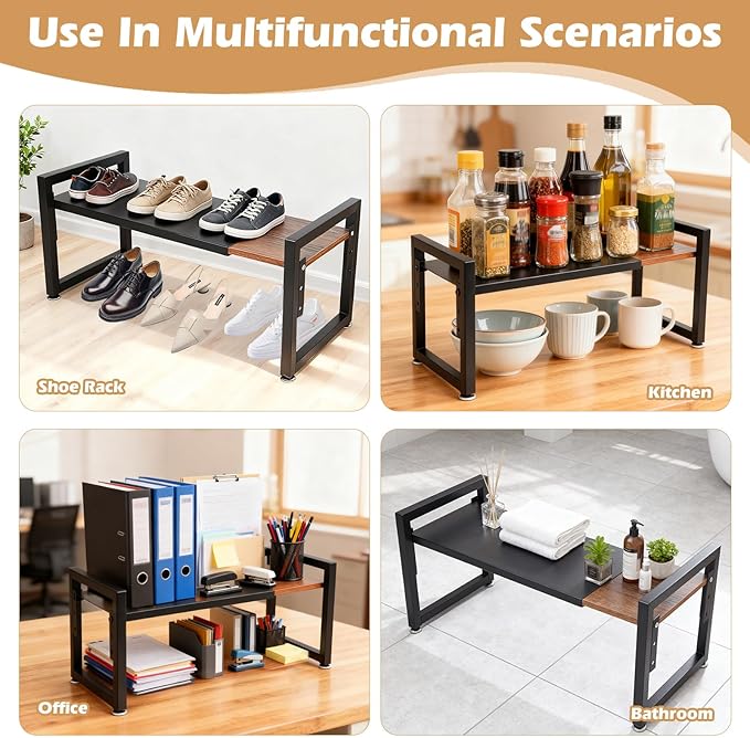 Expandable Adjustable Stackable Kitchen Organizer, Spice Rack, Cabinet Shelf for Space-Saving, Counter Shelf for Cabinets, Countertop, Cupboard, Wood and Heavy Duty Metal, Home kitchen Storage Rack
