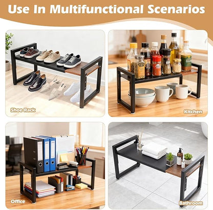 Expandable Adjustable Stackable Kitchen Organizer, Spice Rack, Cabinet Shelf for Space-Saving, Counter Shelf for Cabinets, Countertop, Cupboard, Wood and Heavy Duty Metal, Home kitchen Storage Rack