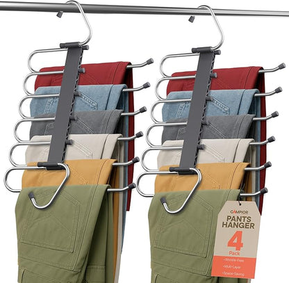 Campior Space Saving Pants Hangers 4 Pack, 6 Layer Jeans Hangers and Closet Organizer for Jeans, Scarves, & Skirts, Multi-Layer Hanger with Anti-Slip Stopper, Heavy-Duty S-Type Stainless Steel, Gray