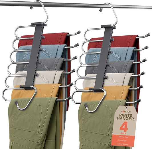 Campior Space Saving Pants Hangers 4 Pack, 6 Layer Jeans Hangers and Closet Organizer for Jeans, Scarves, & Skirts, Multi-Layer Hanger with Anti-Slip Stopper, Heavy-Duty S-Type Stainless Steel, Gray