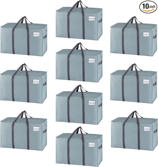 VENO 10 Pack Moving Bags and Large Christmas Storage Bins with lids. Alternative to Moving Boxes, Packing Supplies for College. Extra Large Heavy Duty Totes for Packaging (Light Blue Matte, 10 Pack)