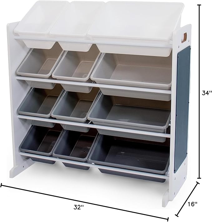 12-Bin Toy Organizer – White/Grey Gradient Ombre Frame with Chalkboard, Eraser & Chalk, Multi-Tier Storage for Kids' Playrooms and Nurseries