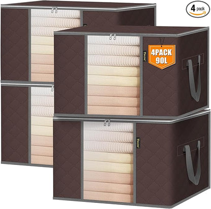 BALEINE 4 Pack Clothes Storage Bags, 24 Gallon Storage Containers with Reinforced Handle, Sturdy Zipper, Closet Organizer for Blanket, Comforter, Pillow, Bedding (Brown, 4 Pack)