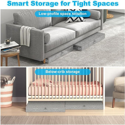 Under Bed Storage Container Bins 2 Pack, 4 Inch Thin Low Profile Underbed Clothes Storage Organizer for Dorm & Home, Use for Blanket and Toy Storage Box W/ Sturdy Bottom/Sides, Foldable Thick Fabric
