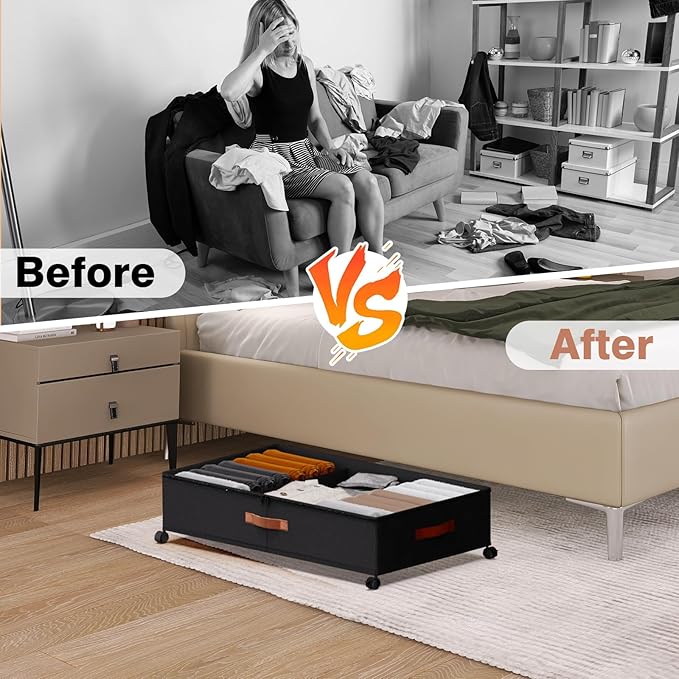 DCET Under Bed Storage with Wheels - Rolling Underbed Containers with PVC Clear Lid & Dividers, 600D Oxford Fabric, PU Leather Handles, Adjustable Magic Tape Partition, XXL 66L,2 Pack (Black)