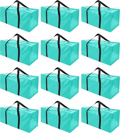 PANDA JOYS 12 Pack Extra Large Moving Bags with Zippers & Carrying Handles, Heavy-Duty Storage Tote for Space Saving Moving Storage, Fold Flat, Alternative to Box and Bin,Aquamarine