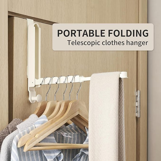 RFOUO Over The Door Hooks Hanger Fit Door up to 1 3/4" Optimal 2pc,Over The Door Hanger with Retractable Rod,Foldable Over The Door Drying Rack for Laundry Bathroom Bedroom (Milky White, 2 Pack)