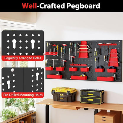 Goplus Pegboard Wall Organizer, 9-Bin Parts Rack Organizer w/Hammer Racks, Tool Holders & Hooks, Heavy-Duty Utility Tool Storage Board w/Accessories for Garage, Workshop, Craft Room