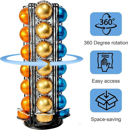 Coffee Pod Holder Carousel Organizer for Nespresso VertuoLine -35 Capsule Coffee Pod Holder with 360° Rotation, Space-Saving Design for Kitchen Countertops, Fits All Vertuo Pods (Sleek Black)