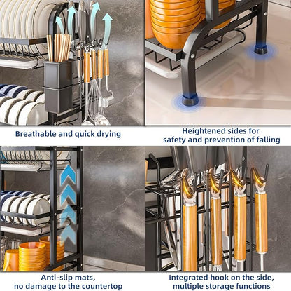 HOISIMDY Dish Drying Rack 3 Tier Large Capacity Kitchen Dish Draining Rack Countertop Cultery Drainer with Drip Tray