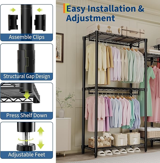 Portable Clothes Rack Heavy Duty Garment Rack, Large Freestanding Closet Wardrobe with Adjustable Shelves & 5 Hanging Rods, Closet Organizer and Storage for Bedroom Cloakroom, 76.5"H x 73.6"L x 17.4"W
