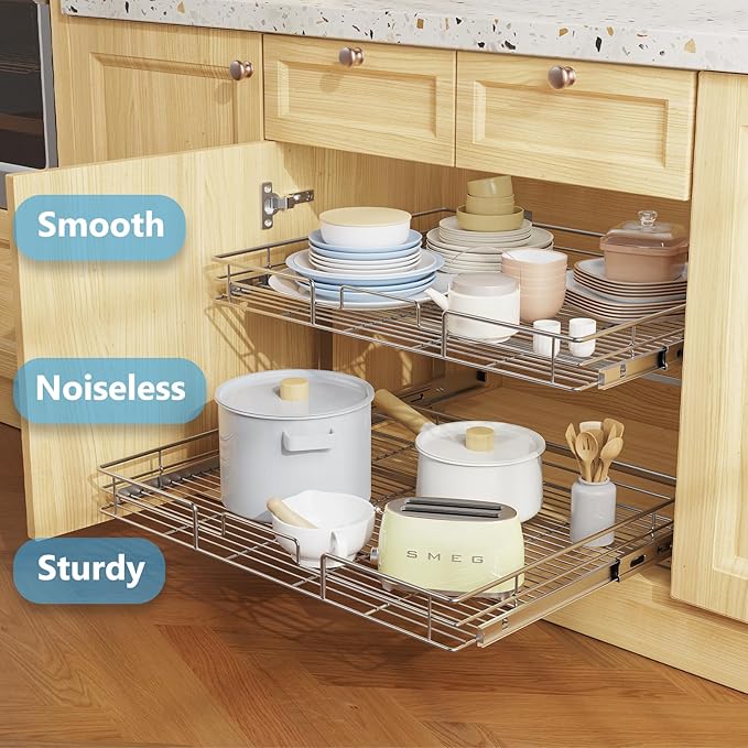 LOVMOR Individual Pull Out Cabinet Organizer, 2 Tier Slide Out Cabinet Drawers, Pots and Pans Organizer and Storage Pantry Shelf for Kitchen (31½" W x 21½" D)