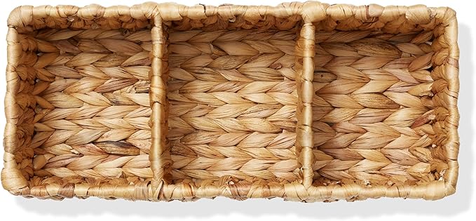 Casafield Set of 2 Water Hyacinth Basket Organizers with 3 Sections, Natural - Woven Storage Bins for Bathroom, Laundry, Pantry, Office, Shelves