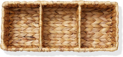 Casafield Set of 2 Water Hyacinth Basket Organizers with 3 Sections, Natural - Woven Storage Bins for Bathroom, Laundry, Pantry, Office, Shelves