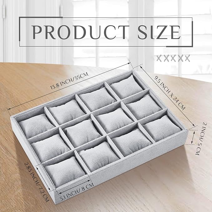 Henoyso 2 Pieces 12 Grid Velvet Watch Tray Jewelry Organizer Stackable Watch Bracelet Bangle Display Holder Adjustable Pillow (Gray)