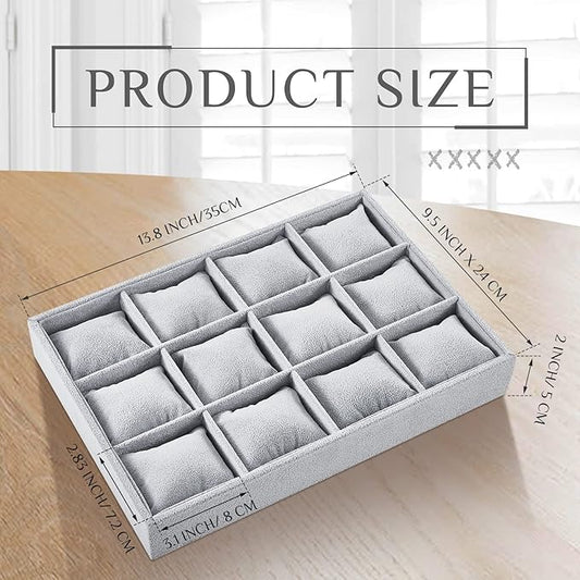 Henoyso 2 Pieces 12 Grid Velvet Watch Tray Jewelry Organizer Stackable Watch Bracelet Bangle Display Holder Adjustable Pillow (Gray)