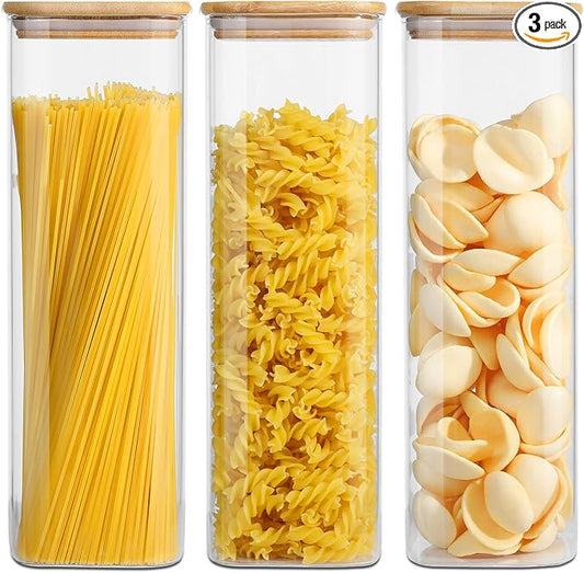 Glass Food Storage Jars with Lids(2.2QT)Square Set of 3 ,Glass Storage Containers Clear Glass Food Canister with Bamboo Lid Airtight For Serving Tea, Coffee Beans, Flour,Cookie, Cereal,Spice and More