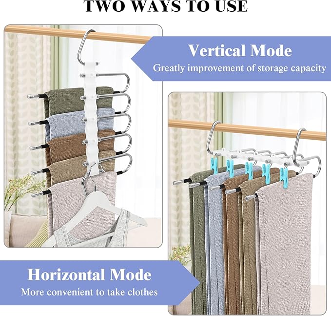 SAN LIKE 2 Pack 5 Layers Pants Hangers Space-Saving Stainless Steel Closet Hangers 20pcs Fixed Clips Non-Slip Multi-Functional Pants Rack Two Hanging Modes for Trousers Jeans Leggings Scarf Skirts