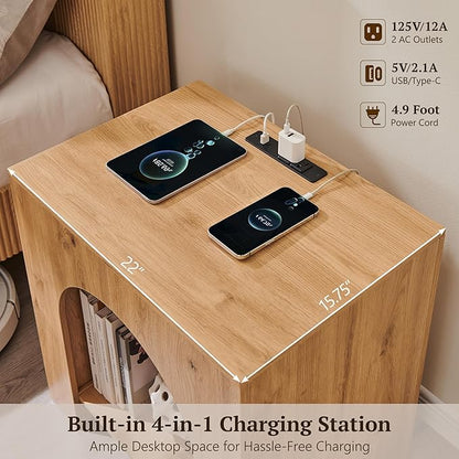 Arched End Table Set of 2 with Type-C Charging Station, 22" Modern Bedroom NightStand with Arched Shelf, Side Table with Outlet, USB, Type-C Port for Bedroom, Natural