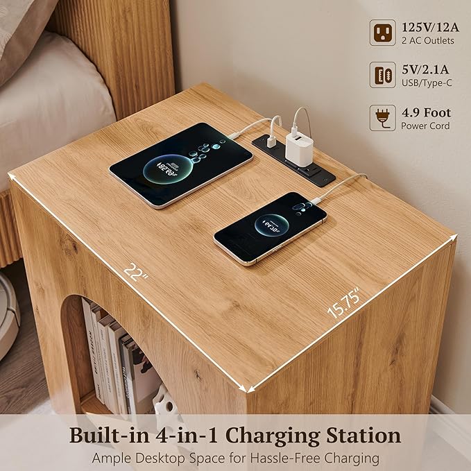 Arched End Table with Type-C Charging Station, 22" Modern Bedroom NightStand with Arched Open Shelf, Night Table with Outlet, USB, Type-C Port for Bedroom, Natural